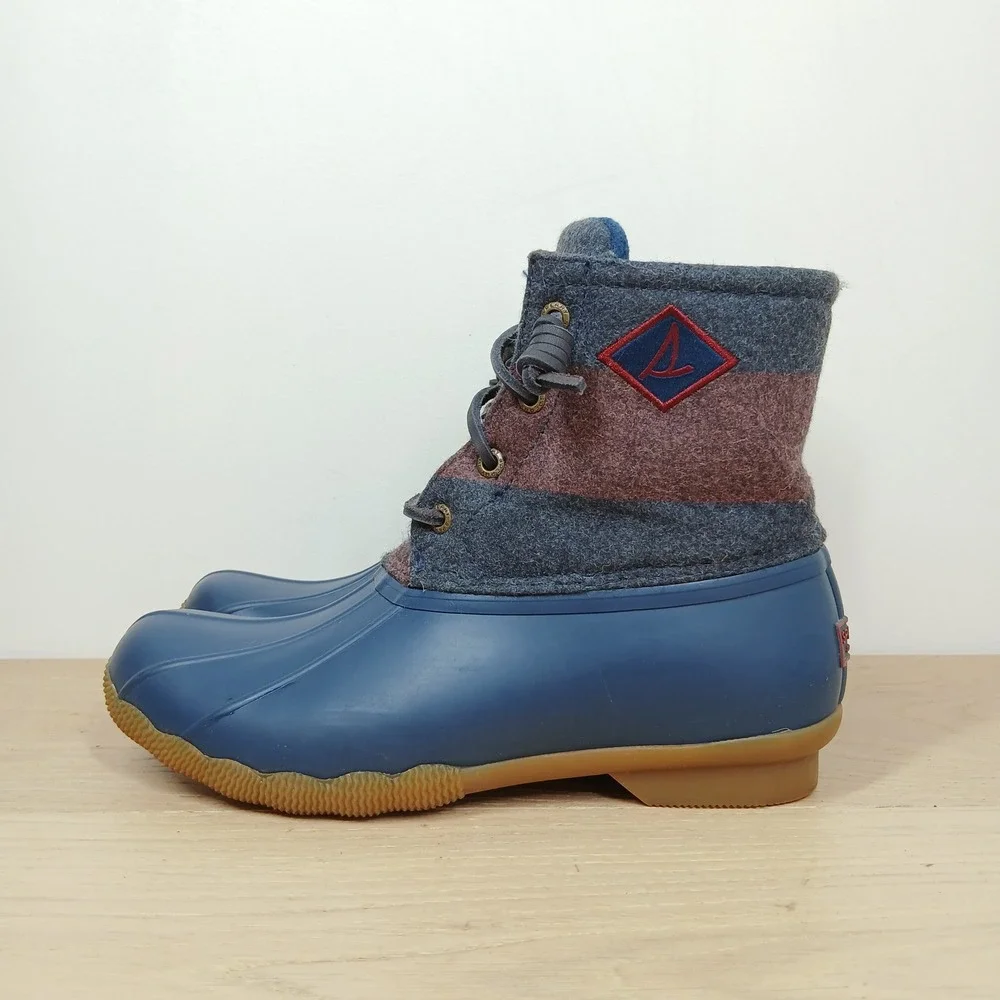 Sperry Saltwater Duck Boots Womens 7 Navy Blue Grey Burgundy Striped Wool Chore